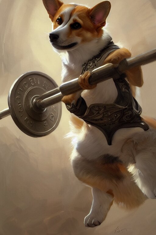 anthro corgi lifting weights, dim dingy gym, dynamic pose, fantasy, intricate, elegant, highly detailed, artstation, concept art, matte, sharp focus, illustration, art by artgerm and greg rutkowski and alphonse mucha. take out the people and make it a scene from the narnia movies