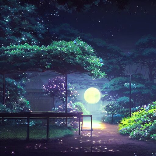 A secret garden at night, moon, by makoto shinkai with a bird sitting perched in a tree. Add a bird sitting perched in a tree