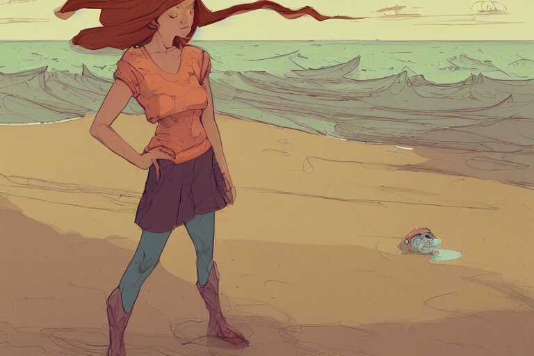a study of cell shaded cartoon of a girl standing on a beach, illustration, wide shot, subtle colors, post grunge, concept art by josan gonzales and wlop, by james jean, Victo ngai, David Rubín, Mike Mignola, Laurie Greasley, highly detailed, sharp focus, alien, Trending on Artstation, HQ, deviantart, art by artgem