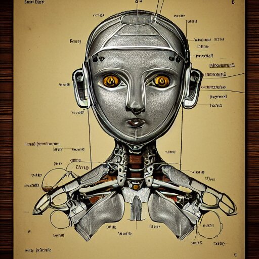 technical drawing of ancient womanized humanoid robot, symmetrical, anatomically correct, old historical photo, ancient paper, photorealistic