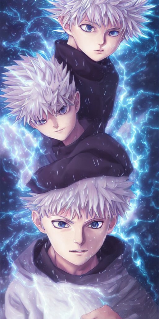 killua zoldyck in rossdraws art, with thunderstorms, 8 k, bright colors, detailed face, details, sharp smooth, aykut aydogdu