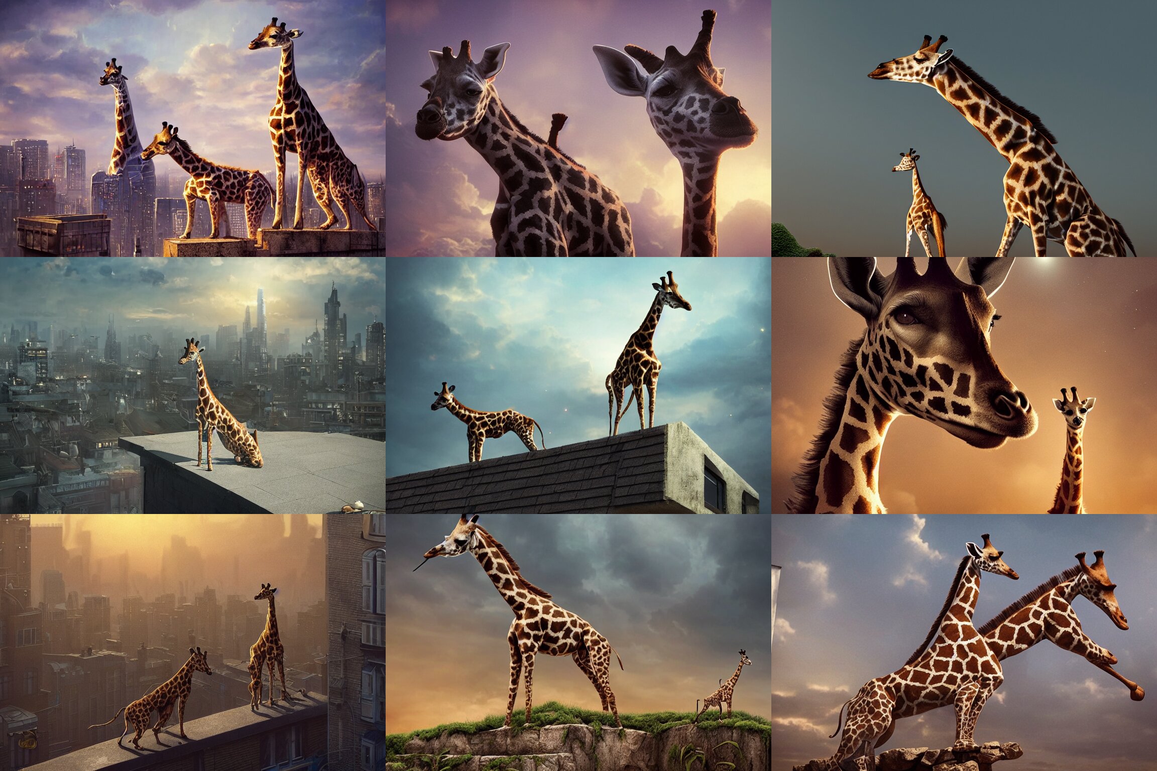 a dog standing on the rooftop, the dog looks like giraffe, giraffe head and giraffe body, fantasy, intricate, epic lighting, cinematic composition, hyper realistic, 8 k resolution, unreal engine 5, by artgerm, tooth wu, dan mumford, beeple, wlop, rossdraws, james jean, andrei riabovitchev, marc simonetti, artstation 