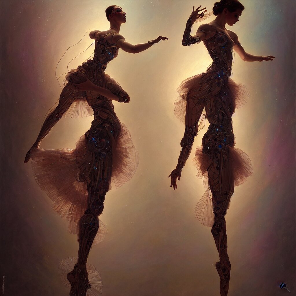 Organic cyborg ballerina, holographic material, on stage in front of an audience, diffuse lighting, fantasy, intricate, elegant, highly detailed, tutu, graceful, digital painting, artstation, illustration, smooth, sharp focus, art by krenz cushart and artem demura and alphonse mucha. kaleidoscopic VJ, gumroad, dramatic lighting, nebula