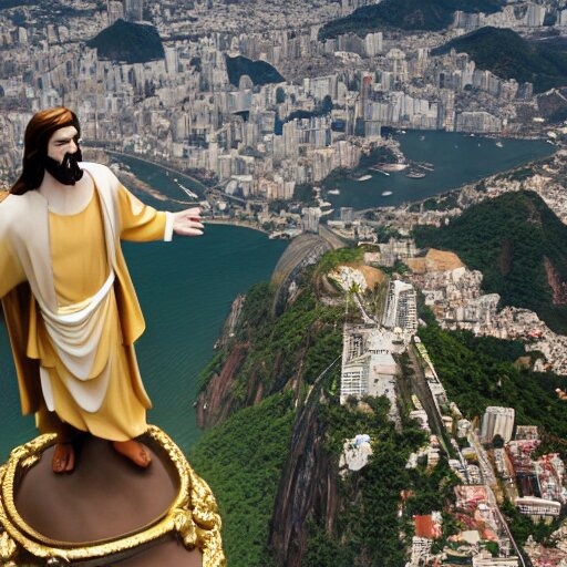 a hyperrealistic sculpture of buddy christ from dogma dressed as christ the redeemer pointing both fingers in at rio de janeiro, viewed from above and behind, dynamic composition, dramatic lighting, trending on artstation, award winning art, stylized painting, ultrawide lens, aerial photography, rio de janeiro, 4 k, art by william bouguereau, alphonse mucha, greg rutkowski, 