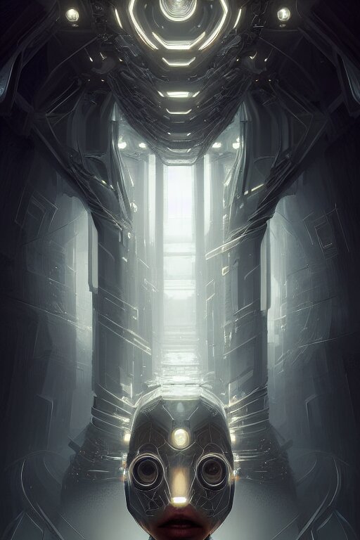 professional concept art symmetrical portrait of a horrendous robotic fractal species in a dark room by artgerm and greg rutkowski. an intricate, elegant, highly detailed digital painting, concept art, smooth, sharp focus, illustration, in the style of cam sykes. 