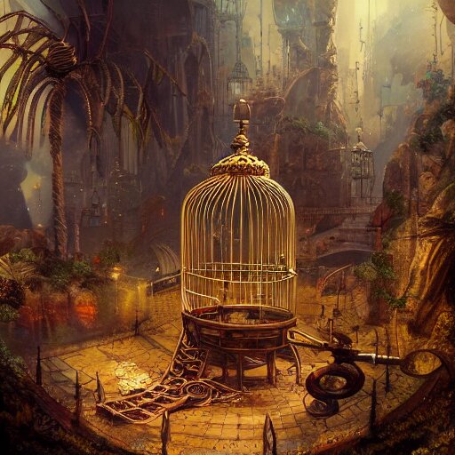 intricate cage with bird of paradise steampunk, matte painting, cinematic, epic composition, detailed, atmospheric, wide angle, artstation trending