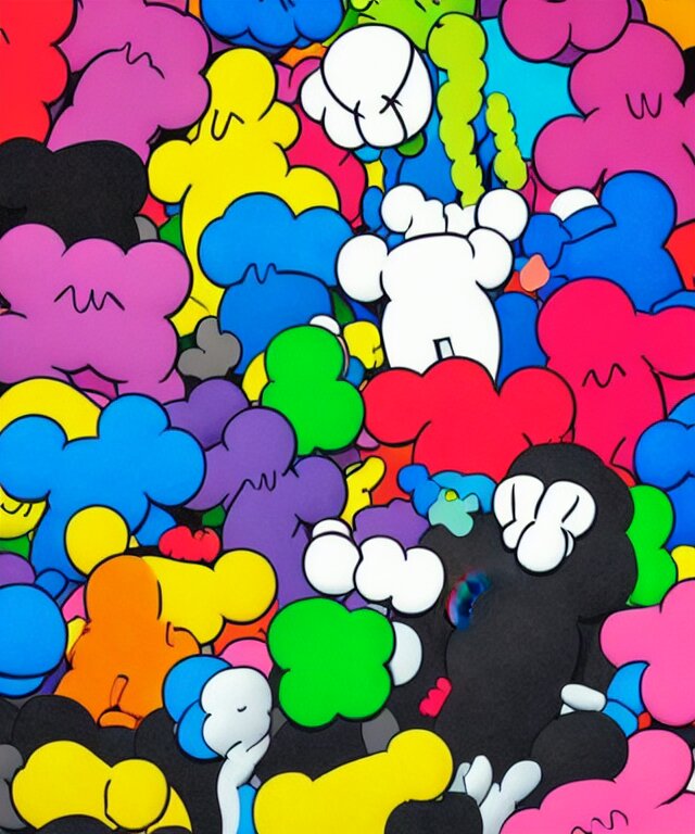 beautiful kaws artwork Remove the background and add neon green snakes all around