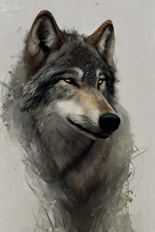 portrait of a gray wolf, intricate, elegant, highly detailed, digital painting, artstation, concept art, smooth, sharp focus, illustration, art by Krenz Cushart and Artem Demura and alphonse mucha