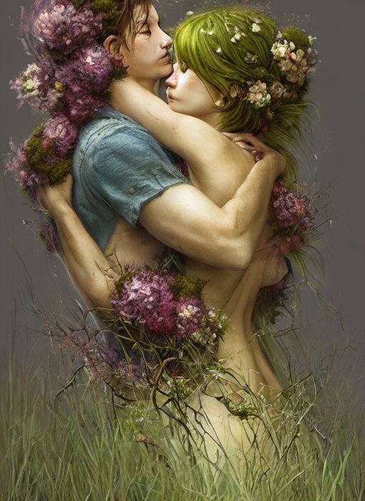 Psychedelic Couple Made of Moss and Flowers in Romantic Embrace, Trending on ArtStation by Artgerm and Greg Rutkowski and Alphonse Mucha. make it a psychedelic poster for the 1960's