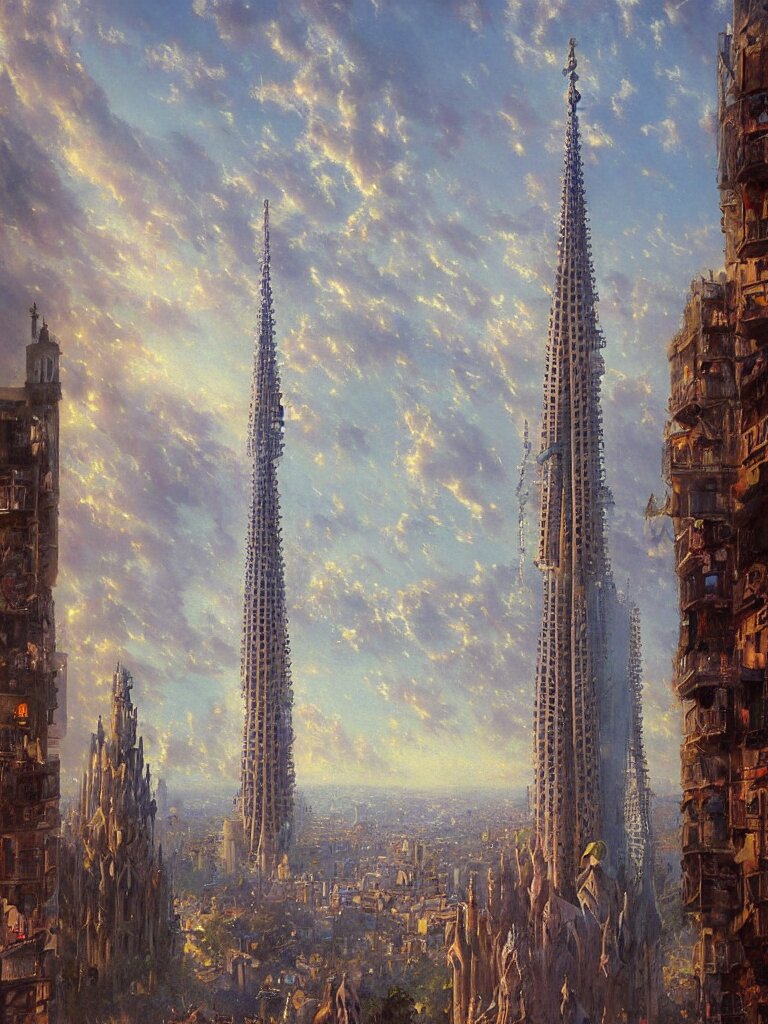 A painting of a skyscraper by Antoni Gaudí, in Barcelona, by greg rutkowski and thomas kinkade, turned into a giant pie. turn the building into a giant pie