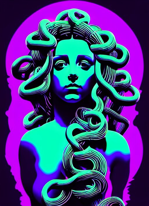 statue of medusa, beeple, android jones, ( ( ( ( ( dan mumford ) ) ) ) ), vaporwave, retrowave, black background, neon wiring, black, glitch, strong contrast, cuts, pinterest, trending on artstation