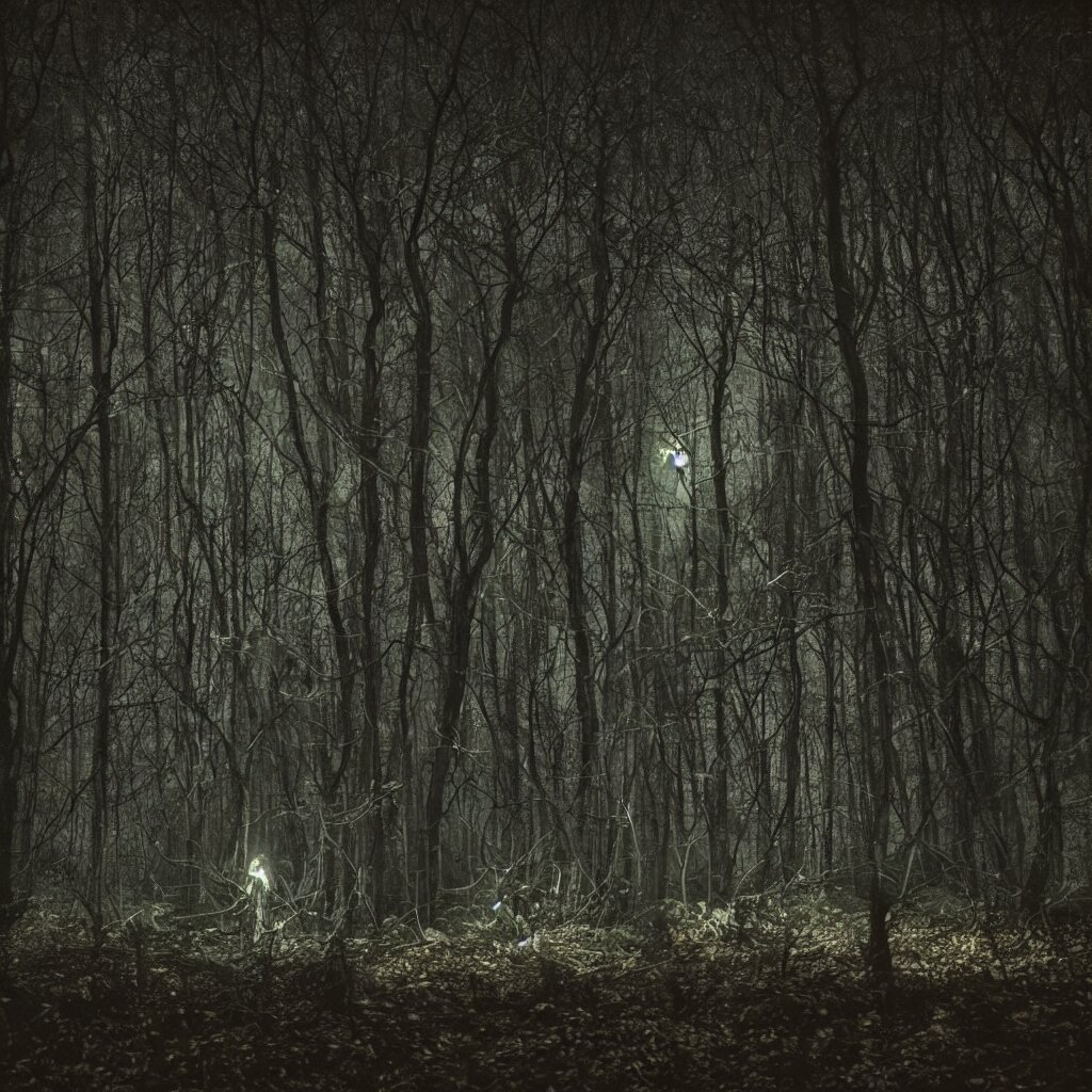 Horrific entity in a dark forest at night Verlaten Ruimtestation