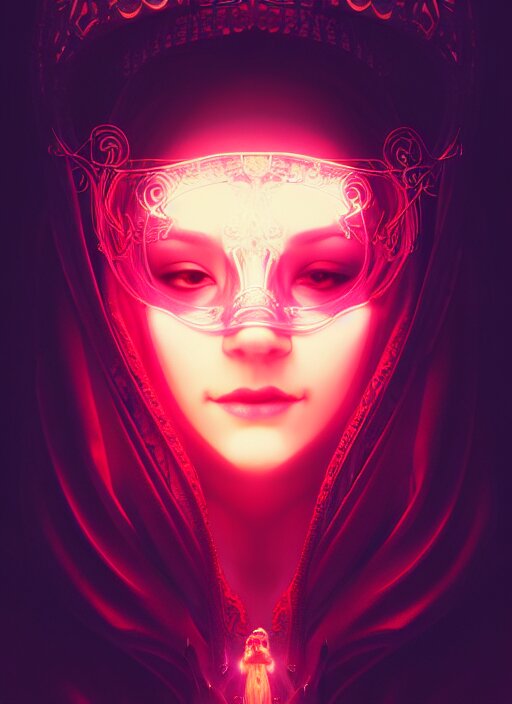 centered portrait of a beautiful woman wearing a venetian mask, intricate concept art, ethereal, highly detailed, artstation, smooth, cyberpunk darksynth, cinematic, mist, dramatic neon lighting, illuminated glowing lines, outrun, vaporware, by ruan jia and ilya kuvshinov and liam wong and alphonse mucha 