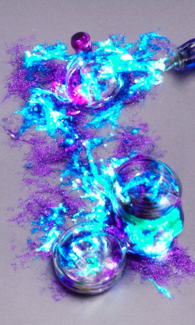 a tiny plastic bottle filled with a magic glowing blue magenta and magic dust. anime style, takumi fujiwara