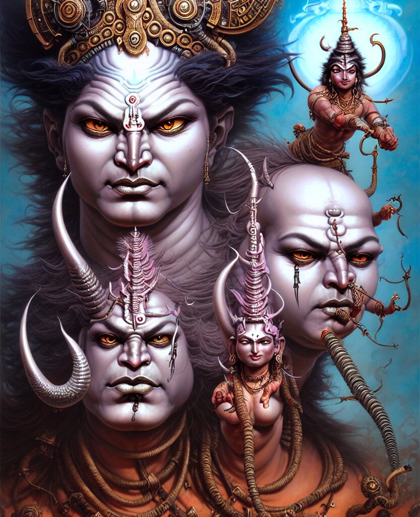 beautiful ferocious brutal shiva fantasy character portrait, close - up, headshot, ultra realistic, intricate details, the fifth element artifacts, highly detailed by Peter Mohrbacher, Hajime Sorayama, Wayne Barlowe, Boris Vallejo, Aaron Horkey, Gaston Bussiere, Craig Mullins. Add a snake in the background.