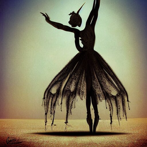 burning man ballerina, digital art, post apocalyptic, fantasy, by H.R. Giger. make it black and white