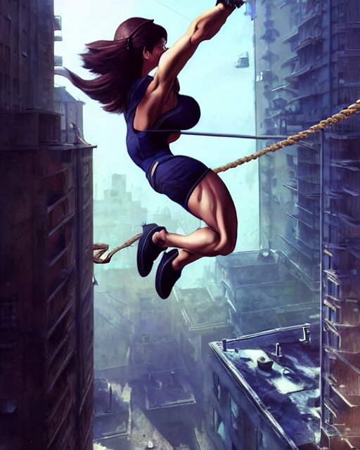 gigachad jill valentine bodybuilder swinging from a building with a rope in racoon city, fantasy character portrait, ultra realistic, anime key visual, full body concept art, intricate details, highly detailed by greg rutkowski, ilya kuvshinov, gaston bussiere, craig mullins, simon bisley