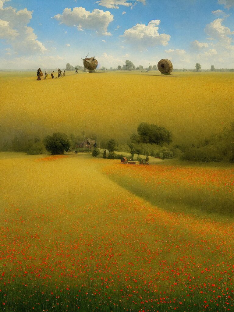 immense wheat fields, a path, a small village, poppies, summer sky, carl spitzweg, large dieselpunk flying airships, matte painting, by rozalski, artstation