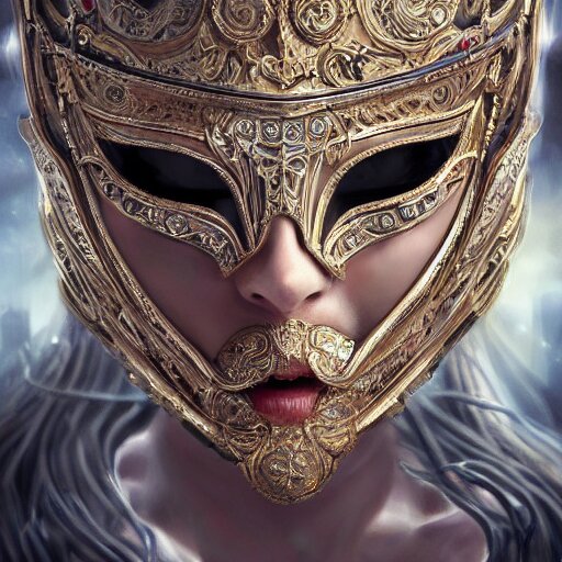 Very very very very highly detailed epic central composition portrait of face with venetian mask, golden, intricate, dystopian, sci-fi, extremely detailed, digital painting, artstation, concept art, smooth, sharp focus, illustration, intimidating lighting, incredible art by Tokujin Yoshioka and Anton Pieck