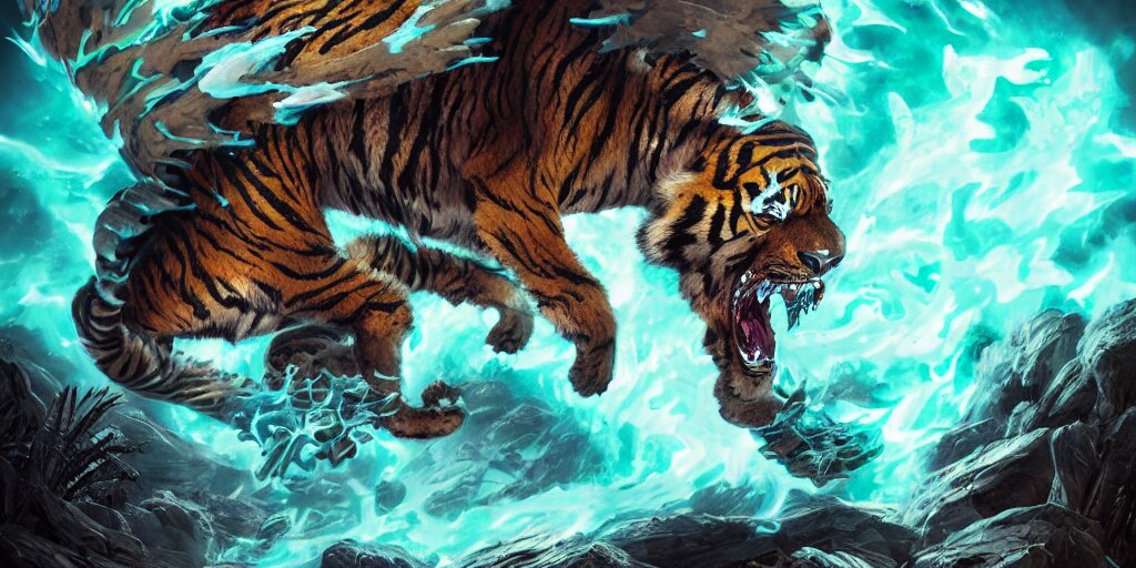 Ghostly tiger creature made out of turquoise energy, Monster Hunter Illustrations art book, Bright sparks, claws, huge sabertooth fangs, Moebius, Greg Rutkowski, Zabrocki, Karlkka, Jayison Devadas, Phuoc Quan, trending on Artstation, 8K, ultra wide angle, zenith view, pinc. As a Ninja Turtle