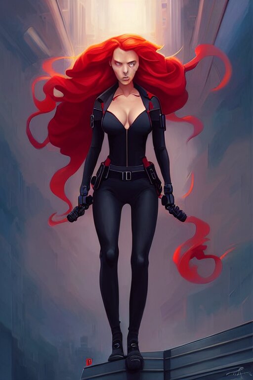 peter mohrbacher, phil noto, artgerm, pretty scarlett johansson, symmetrical eyes, long red hair, city rooftop. Make her real black widow