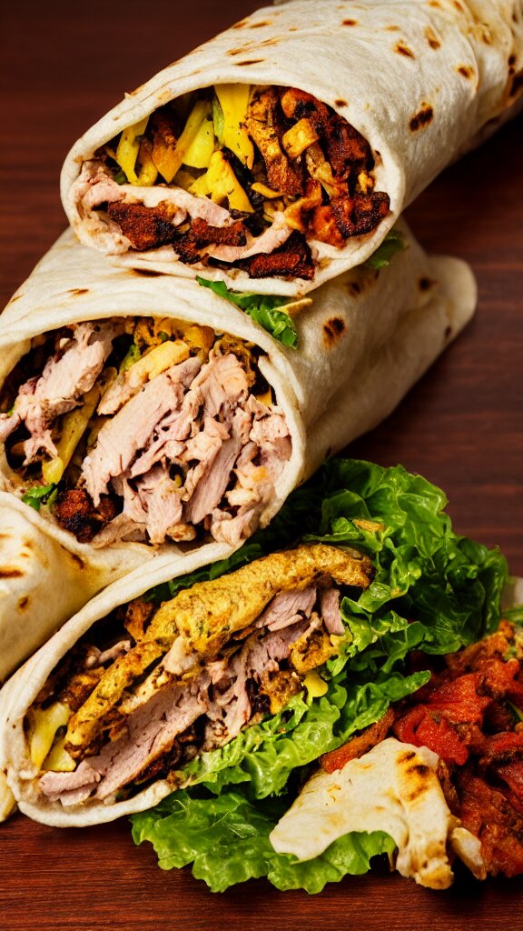 Chicken Shawarma Roll: A popular Middle Eastern street food made with marinated chicken, served on a warm pita bread with fresh vegetables and a tangy garlic sauce.