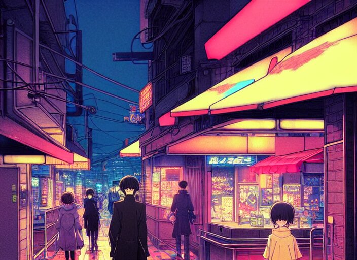 Editorial illustration colorful, anime city scene at night, Kentaro Miura style, matte colors, perfect face, dramatic lighting, dynamic composition, moody, vivid, volumetric, stippled lighting, big and cute eyes, cinematic, trending on ArtStation. darken the scene and focus on the face of the Host in the Shell