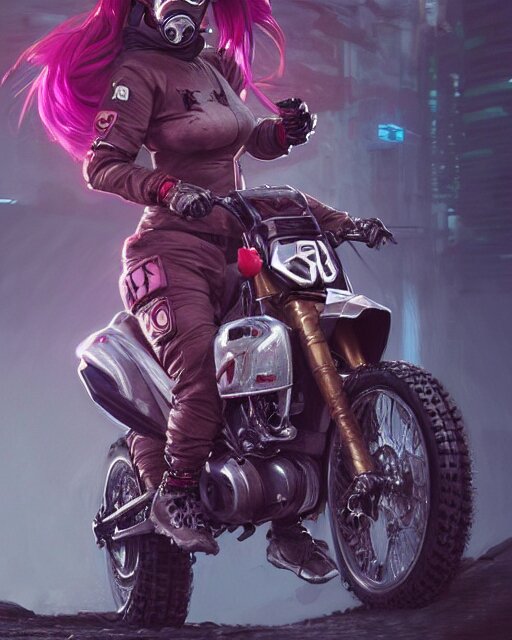 female rouge assassin riding a dirt bike, wearing cyberpunk intricate streetwear, respirator, beautiful, detailed portrait, cell shaded, 4 k, vivid colours, concept art, by wlop, ilya kuvshinov, artgerm, krenz cushart, greg rutkowski, pixiv. cinematic dramatic atmosphere, sharp focus, volumetric lighting, cinematic lighting, studio quality 