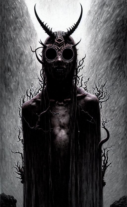 a striking full body portrait of a pitch black masked eldritch shaman - witch. make it a witch