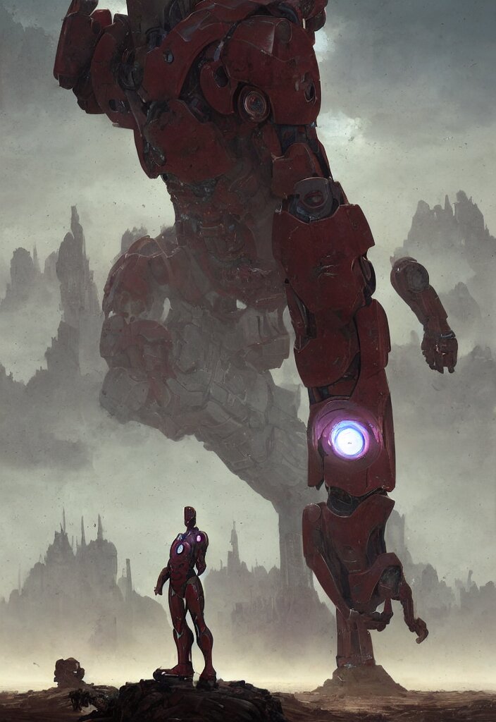 a highly detailed epic cinematic concept art CG render digital painting artwork: Ironman stands stares down the alien army. By Greg Rutkowski, in the style of Francis Bacon and Syd Mead and Norman Rockwell and Beksinski, open ceiling, highly detailed, painted by Francis Bacon and Edward Hopper, painted by James Gilleard, surrealism, airbrush, Ilya Kuvshinov, WLOP, Stanley Artgerm, very coherent, triadic color scheme, art by Takato Yamamoto and James Jean