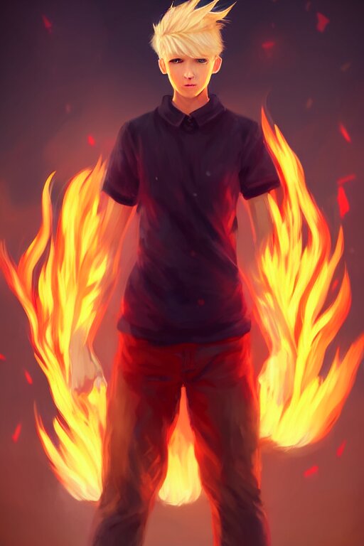 character art by wlop, young man, blonde hair, on fire, fire powers make him a monster