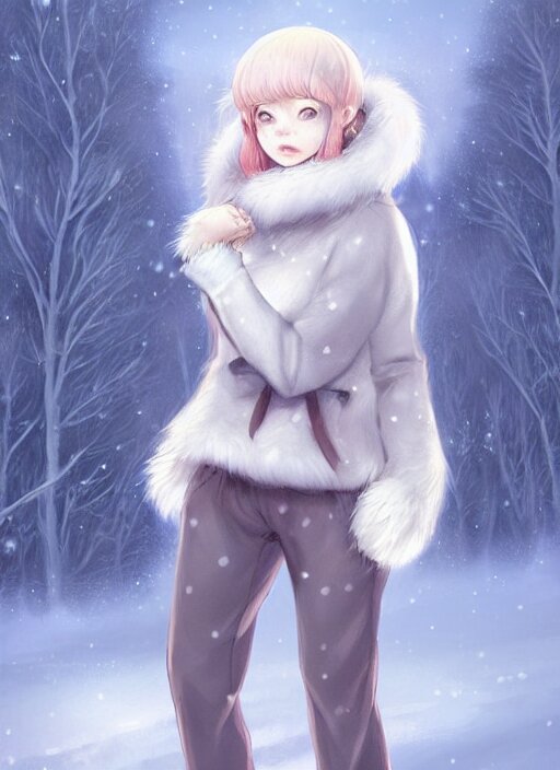 award winning beautiful portrait commission art of a female furry anthro polar bear fursona with a cute beautiful attractive detailed feminine furry face wearing a cute stylish winter sweater and pants at a comfy winter cabin at dusk by firelight. Character design by charlie bowater, ross tran, artgerm, and makoto shinkai, detailed, inked, western comic book art