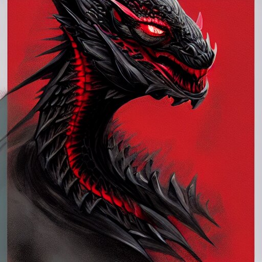 Black dragon Kalameeth + Portrait beautiful face + Trending on Artstation + Incredible black and red gothic illustration + Exquisite detail, painterly add a black dragon