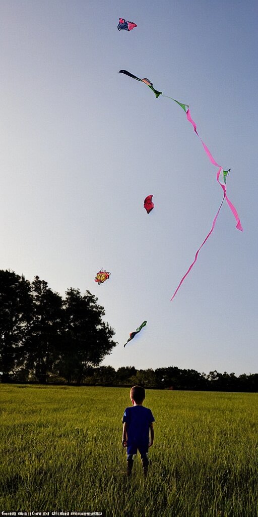 the boy is standing in the field looking at a kite with a camera beam over his head that is pointing into the field at night, in the