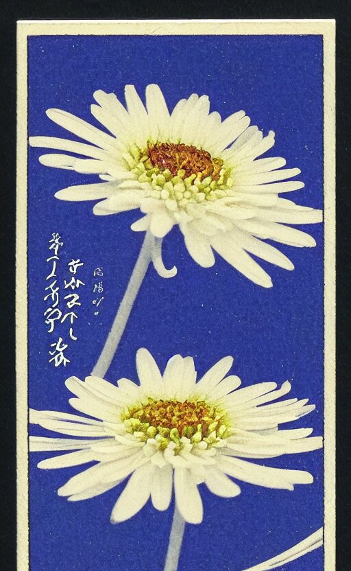 by akio watanabe, manga art, a chrysanthemum flower inside a ginormous sake cup, trading card back. make the sake cup a lot bigger