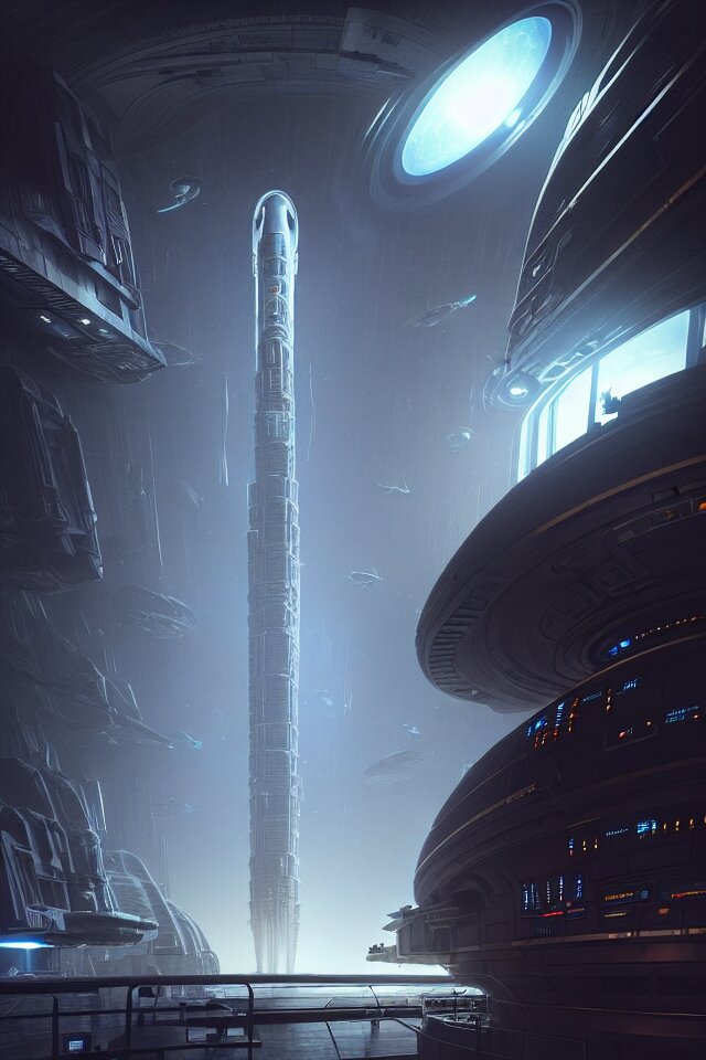 Cyberpunk John Harris Subway Tunnel Tower Megalithic Tower Structure City in Space. Add some text or scale-down the image to emphasize the cyberpunk elements.