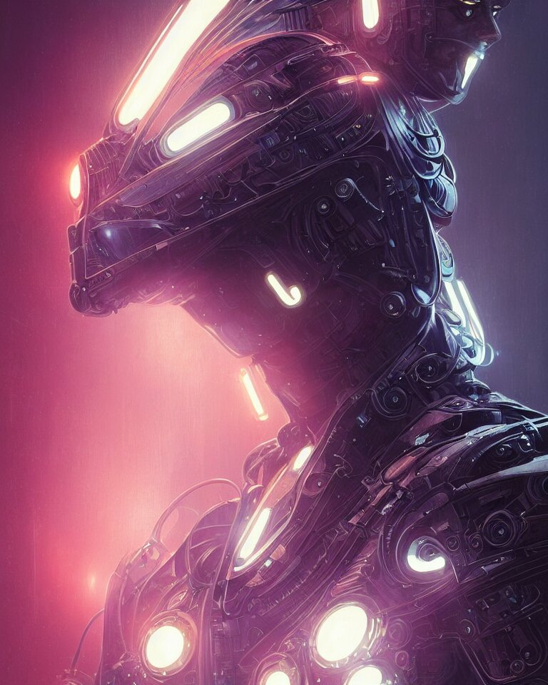 Symmetry!! portrait of a robot, sci-fi armour, tech wear, cables, glowing lights!! sci-fi, intricate, elegant, highly detailed, digital painting, artstation, concept art, smooth, sharp focus, illustration, art by artgerm and greg rutkowski and alphonse mucha. turn the cyborg into a robot