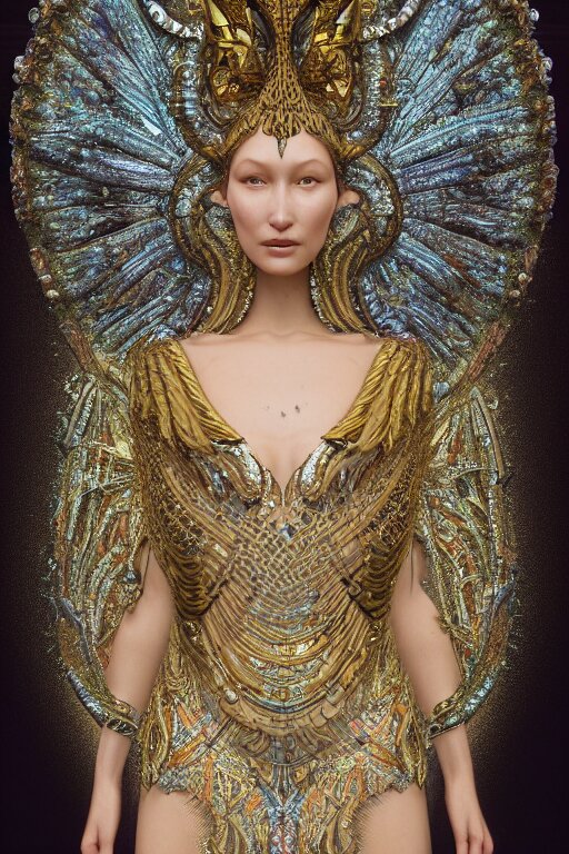 a highly detailed metahuman 4 k close up render of an alien goddess bella hadid as deity in iris van herpen dress schiaparelli in diamonds crystals swarovski and jewelry in style of alphonse mucha gustav klimt trending on artstation made in unreal engine 4 