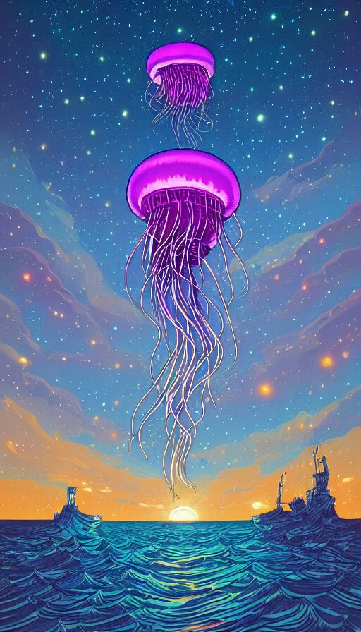 Neon glowing jellyfish in a futuristic art deco setting.