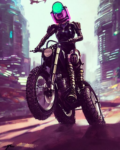 girl wearing cyberpunk intricate catsuit riding dirt bike, respirator, detailed portrait, cell shaded, 4 k, concept art, by wlop, ilya kuvshinov, artgerm, krenz cushart, greg rutkowski, pixiv. cinematic dramatic atmosphere, sharp focus, volumetric lighting, cinematic lighting, studio quality 