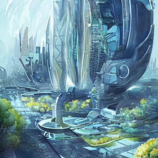 Beautiful futuristic sci-fi city in harmony with nature. Nice colour scheme, soft warm colour. Beautiful detailed watercolor by Lurid. (2022)