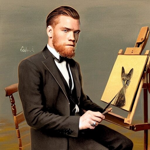 clean shaven mcgregor is dressed as a gentleman at early 2 0 th century paris. he is watching an easel. that easel has a canvas on it. ewan mcgregor has a brush on his hand. he is painting a painting. there is a small brown cat with yellow eyes on ewan mcgregors feet. on background has river seine, morning sun, golden lights, dark clouds, lightning, by yoji shinkawa 