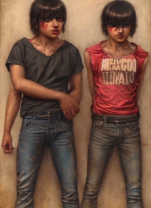 portrait of macho young twin mexican buddies, guadalajara, by tom bagshaw and manuel sanjulian, with coyote at the bottom of the frame. Add a coyote at the bottom of the frame