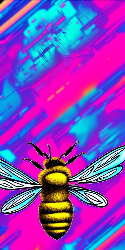 hyper detailed ultra sharp of a beautiful bee. trending on artstation, vaporwave aesthetic, synthwave, colorful, psychedelic, digital painting, concept art, smooth, sharp focus, illustration, 8 k