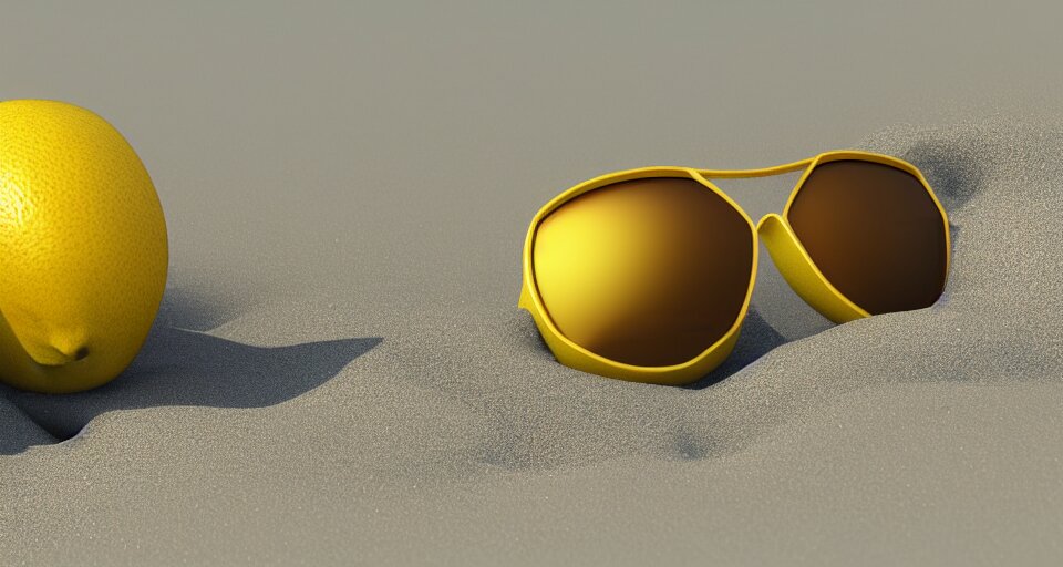 3 d render of a lemon relaxing on a beach wearing sunglasses~ changed to a more yellow octane render. remove the sunglasses, make the lemon more yellow