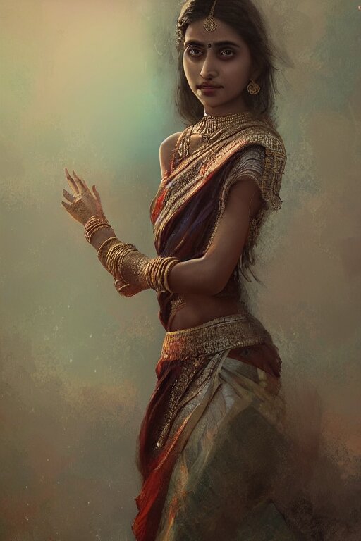 beautiful young Indian girl in a dress, full body photo, intricate, elegant, volumetric lighting, scenery, digital painting, highly detailed, artstation, sharp focus, illustration, concept art, ruan jia, steve mccurry and Irakli Nadar