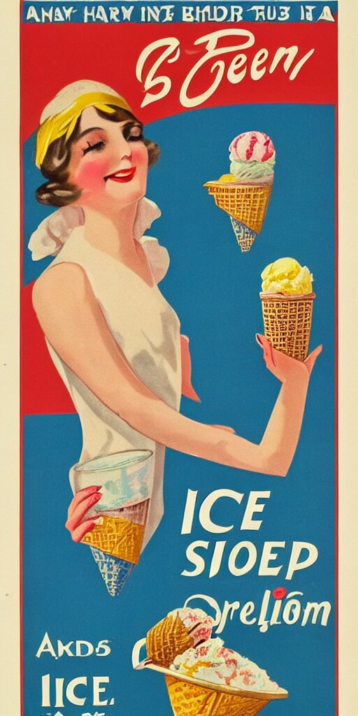 a 1 9 2 0 s poster advertising fruit instead of ice cream. Change the ice cream to a bowl of fruit