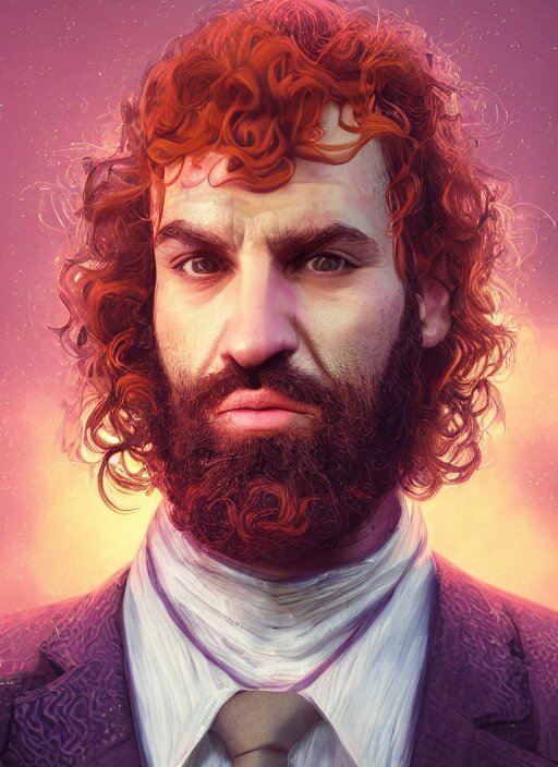 glowwave portrait of curly orange hair man from gta v, au naturel, hyper detailed, digital art, trending in artstation, cinematic lighting, studio quality, smooth render, unreal engine 5 rendered, octane rendered, art style by klimt and nixeu and ian sprigger and wlop and krenz cushart. 
