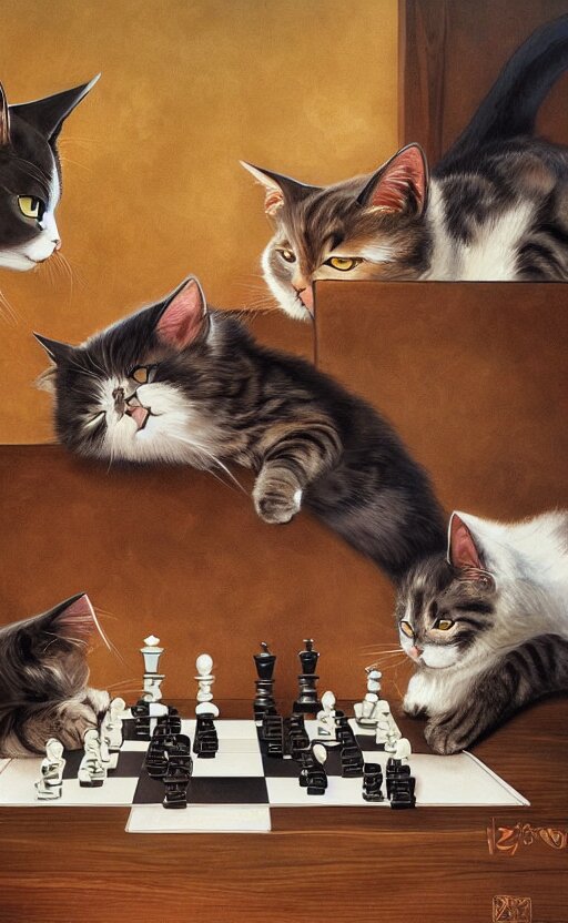 beautiful detailed painting of two cats playing chess. vibrant, high quality, very funny, beautiful, hq. hd. 4 k. award winning. trending on artstation