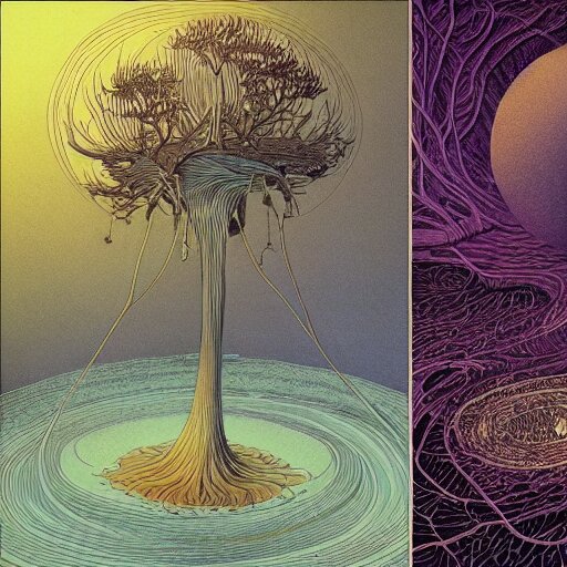 lavish ecru by edward okun, by carsten meyerdierks, by mœbius. a beautiful illustration. a ripple passes through its eyestalks. i wish it had a face : the stare of its moist forest of orbs is unnerving.